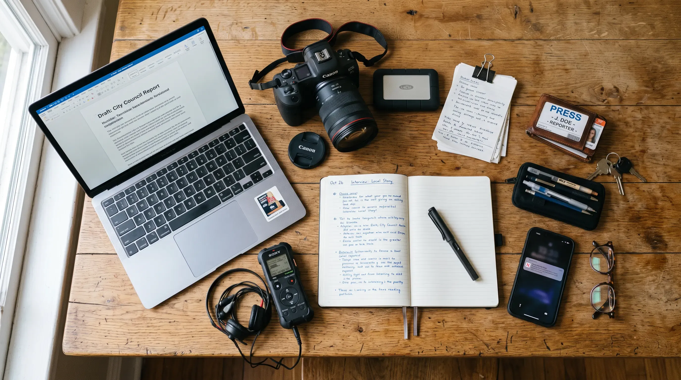 An image of a journalist's work supplies on a wooden table