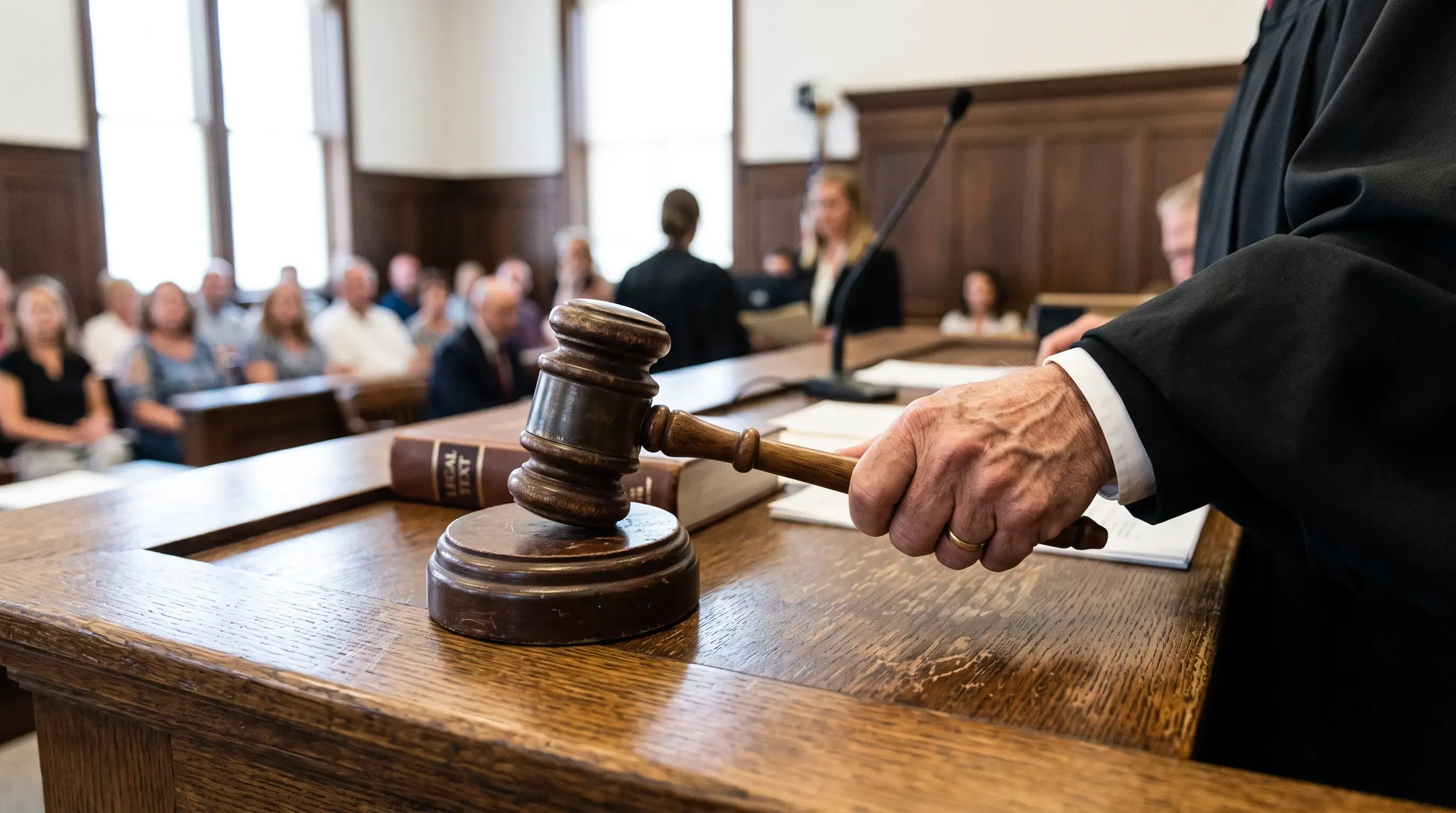 A closeup image of a judge's hand striking the gavel in a bright courtroom