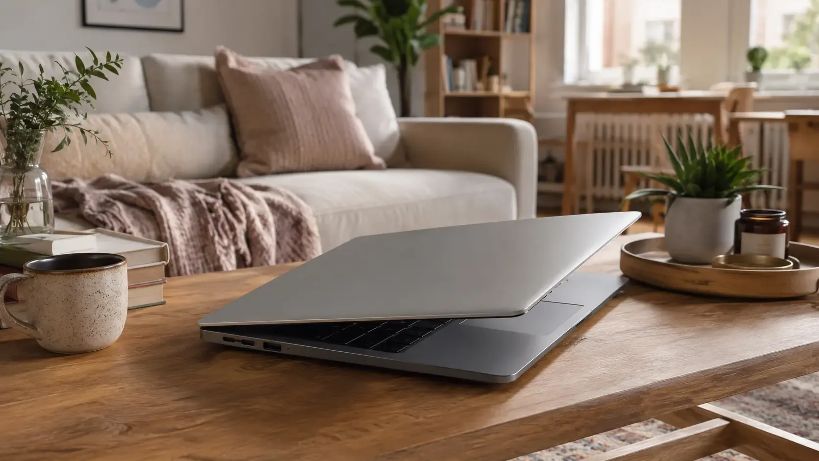 A partially closed gray laptop on a woman's living room coffee table