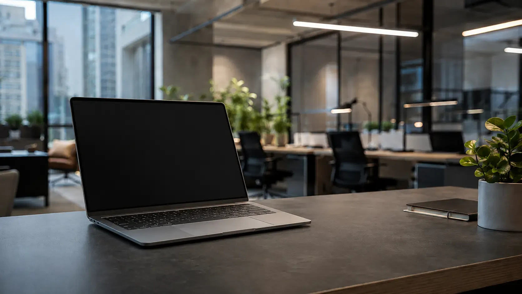 A laptop on a table in an open concept office