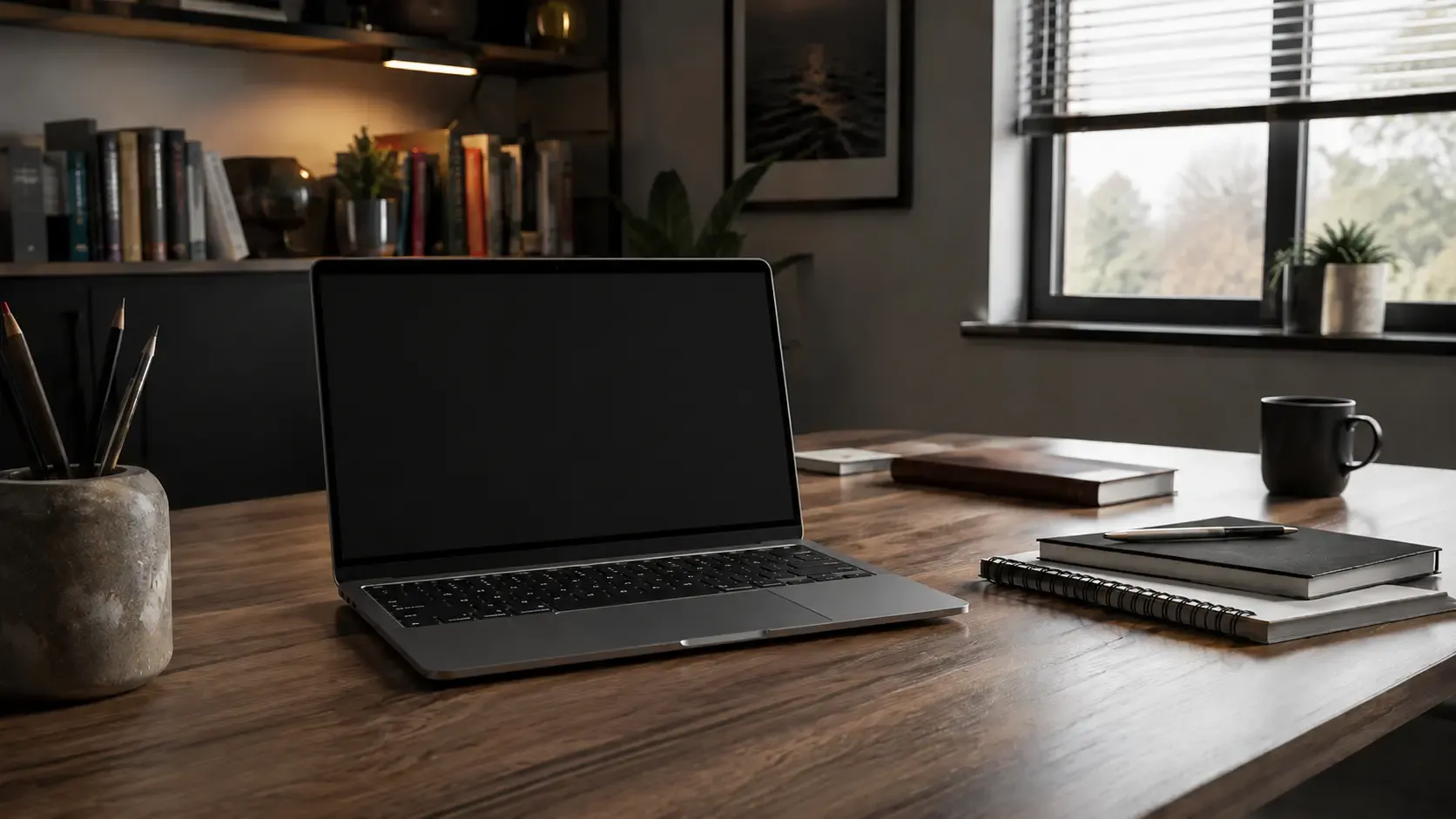 A turned off laptop at a home office