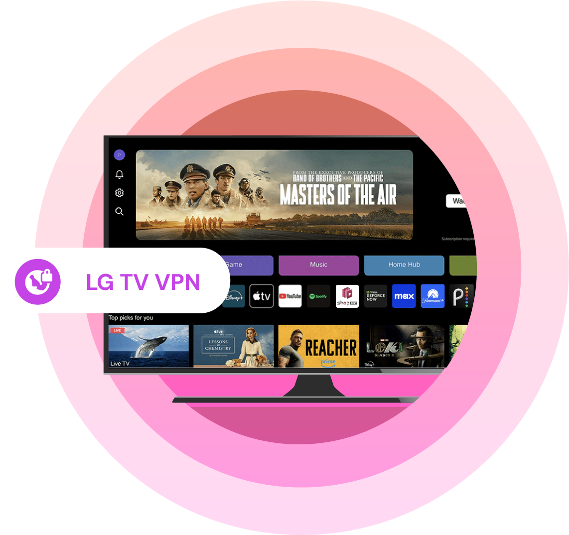 Smart TV screen displaying streaming apps and the show "Masters of the Air," with a label reading "LG TV VPN" on a pink gradient background, representing VPN use for LG TVs.