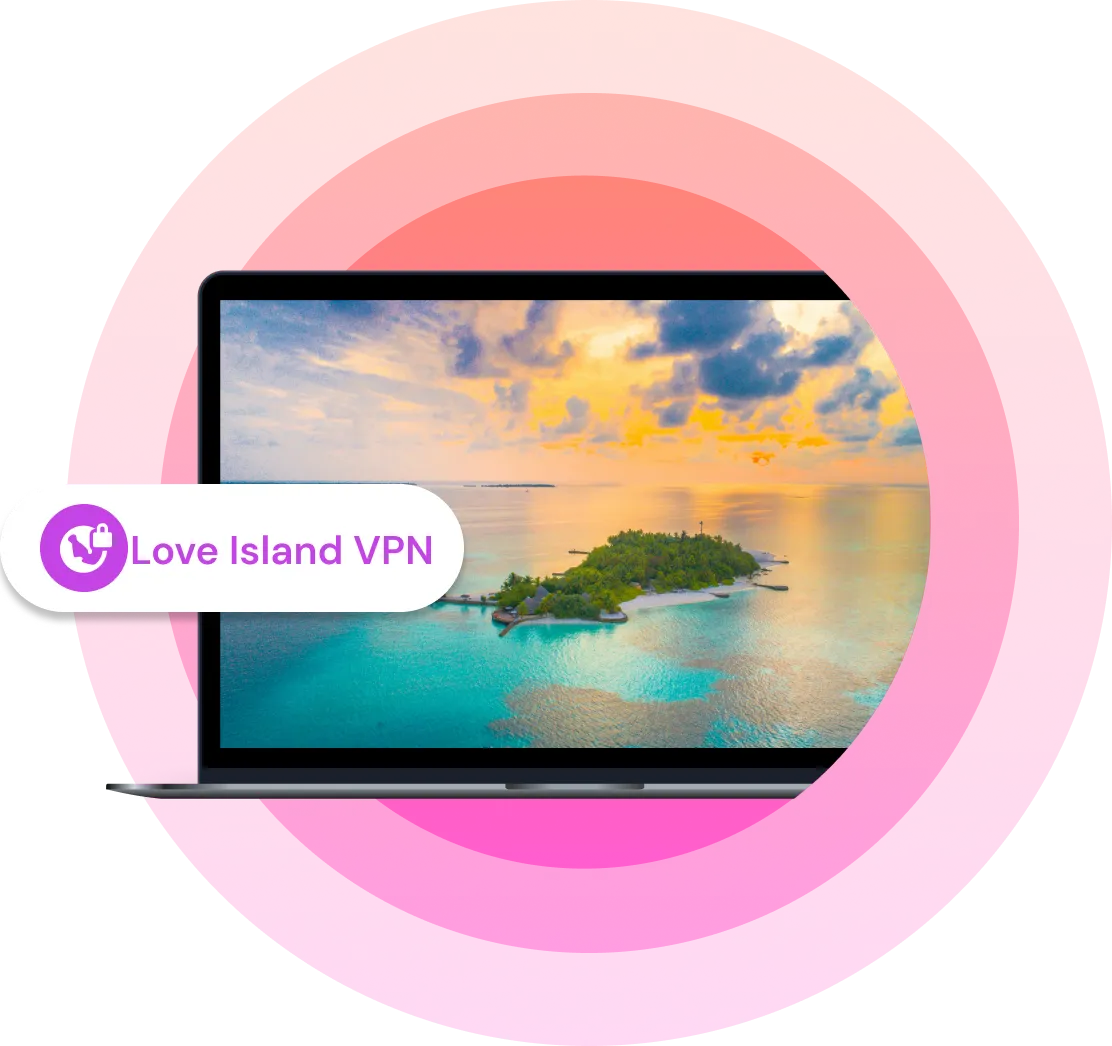 A laptop showing a scenic image of a tropical island