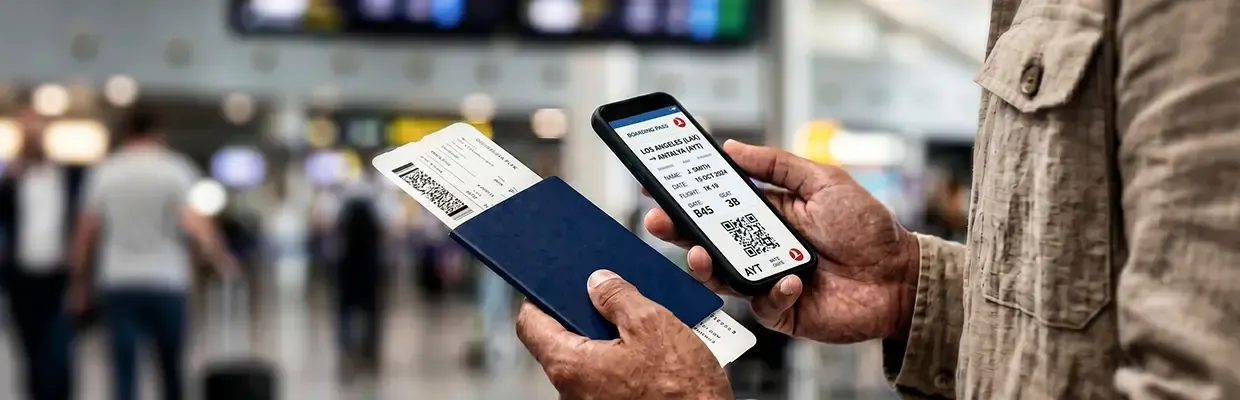 A close up image of a man's hands holding a boarding pass and a phone