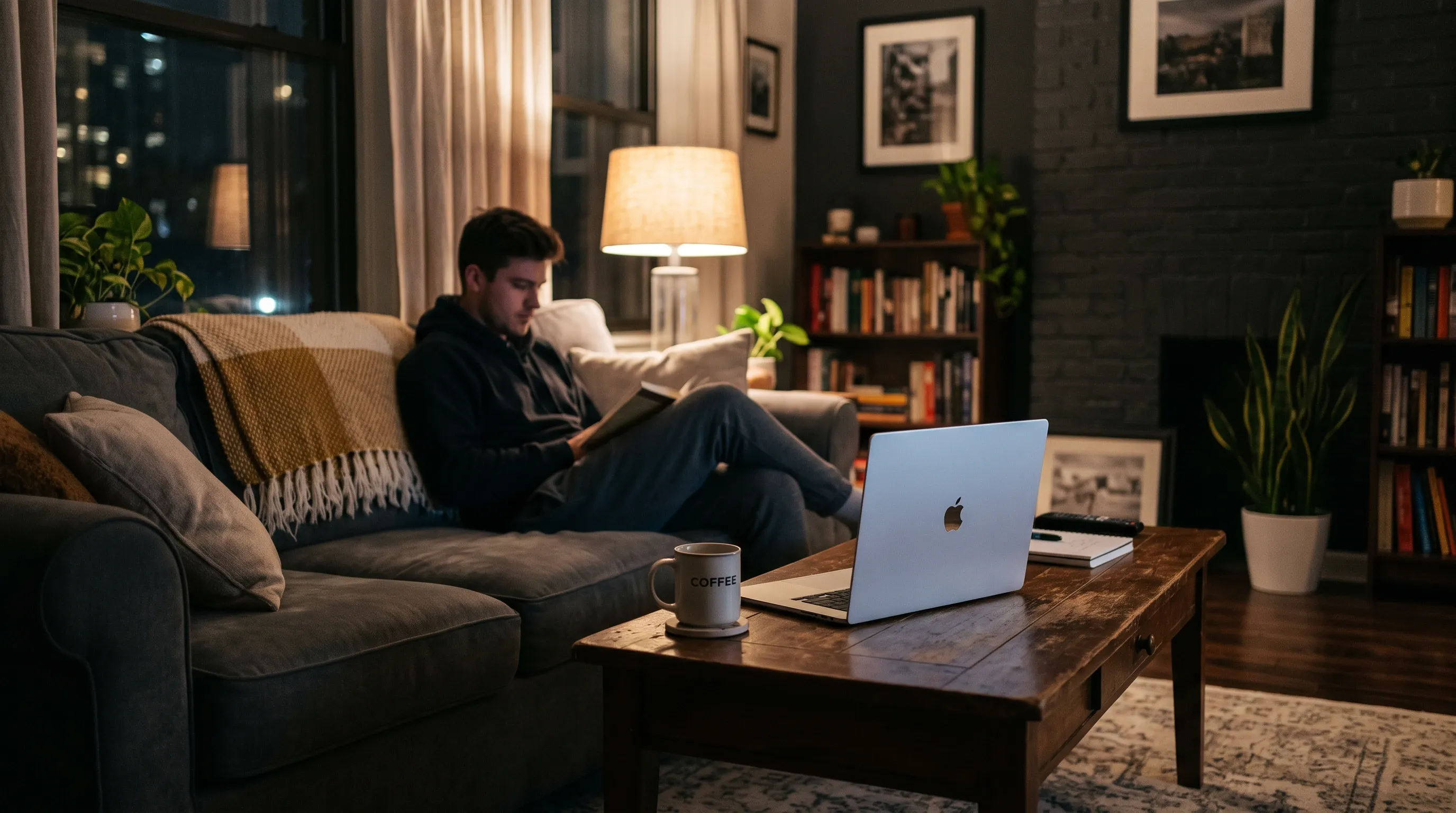 An image of a young man sitting in his dimly lit living room next to a laptop
