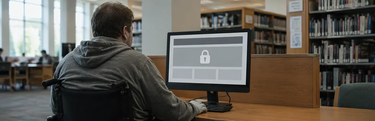 A man in a wheelchair using a laptop in a library