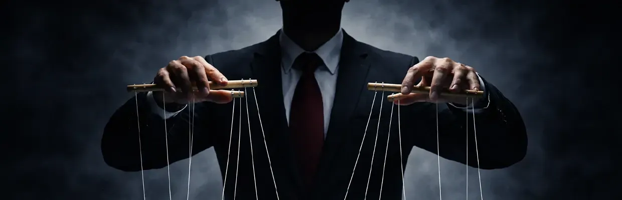 An image of a faceless man in a suit pulling strings from the shadows