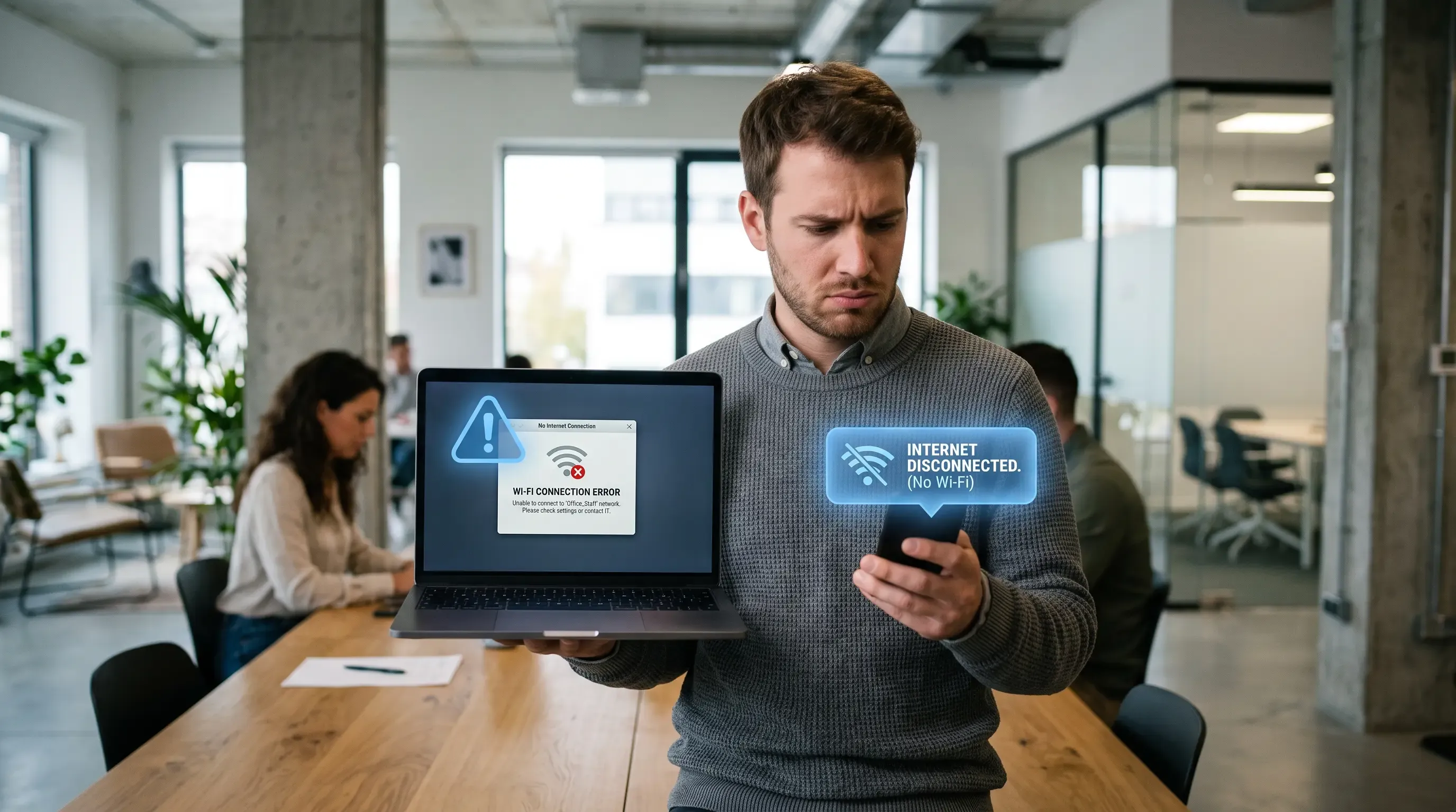A man struggling to connect to Wi-Fi on his phone and laptop