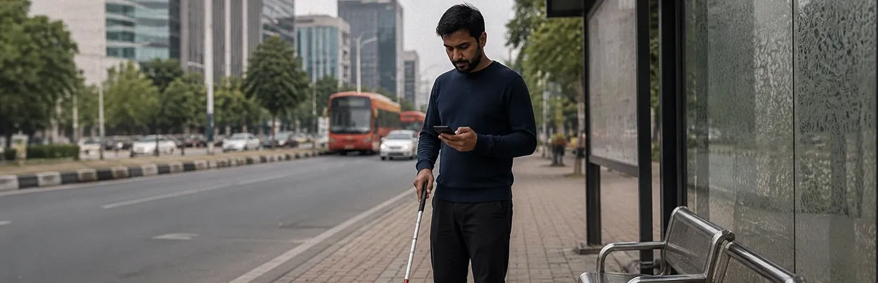 A man using a walking cane uses his phone