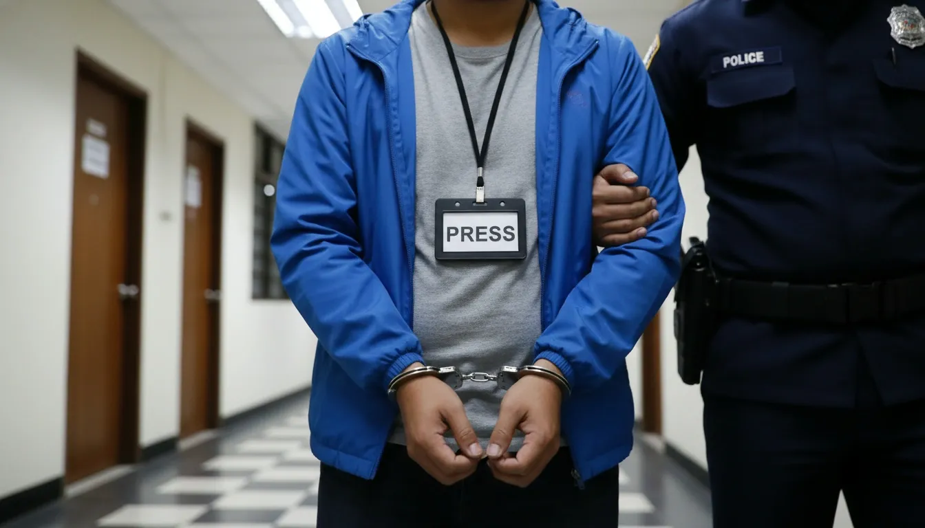 Handcuffed reporter with a press badge on is being walked down the station by a police officer