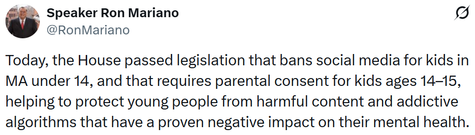 Ron Mariano X post celebrating Massachusetts passing House bill for banning teens from social media