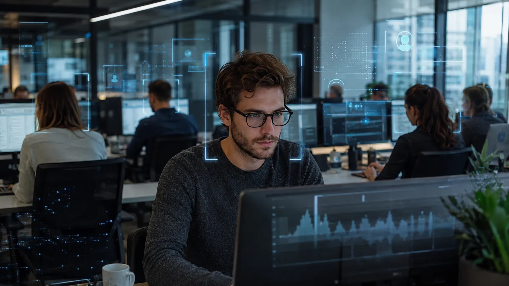 Meta's employees working in an office while being surveilled by AI system