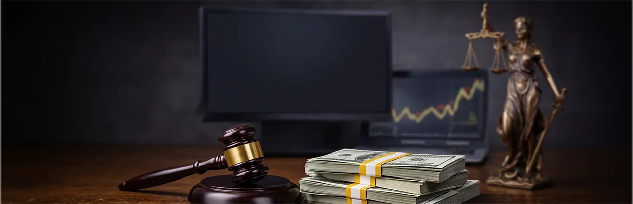 A judge's gavel and a pile of money lay on the table