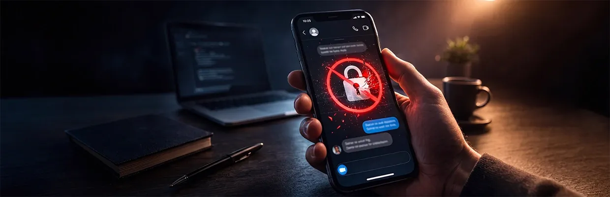 A person is holding a smartphone with a messaging app on and an icon indicating broken encryption