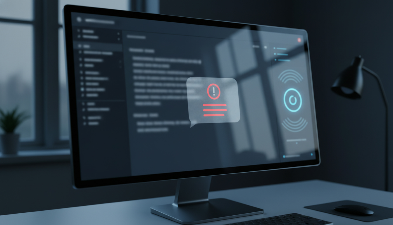 PC monitor displays a communications app with a warning pop-up on top indicating usage of restricted words