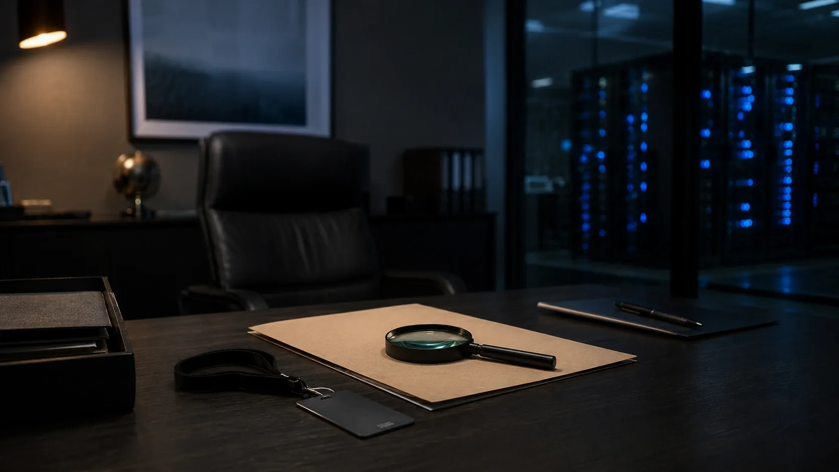 A file with magnifying glass on top lay on the table while servers stand in the background