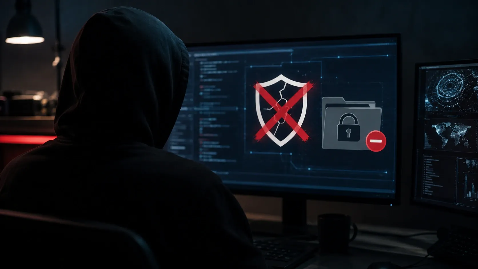 A cybersecurity researcher is staring at the screen of their PC which shows them being banned