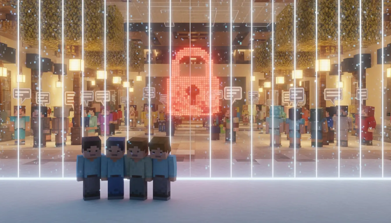 Adults in Minecraft are happily chatting inside a warm, well-lit place, while children are sad, standing outside in the cold behind an age verification barrier with a padlock