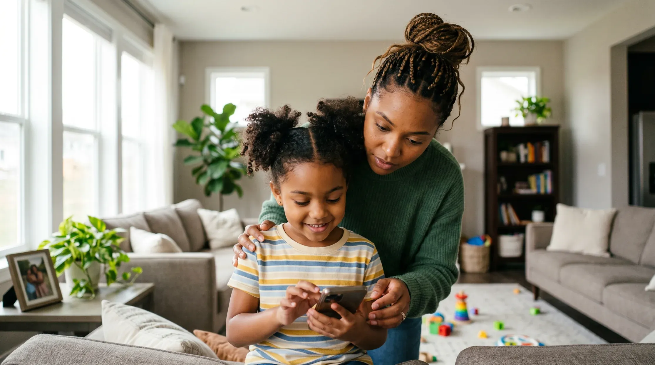 An image of a mom watching how her daughter uses her phone