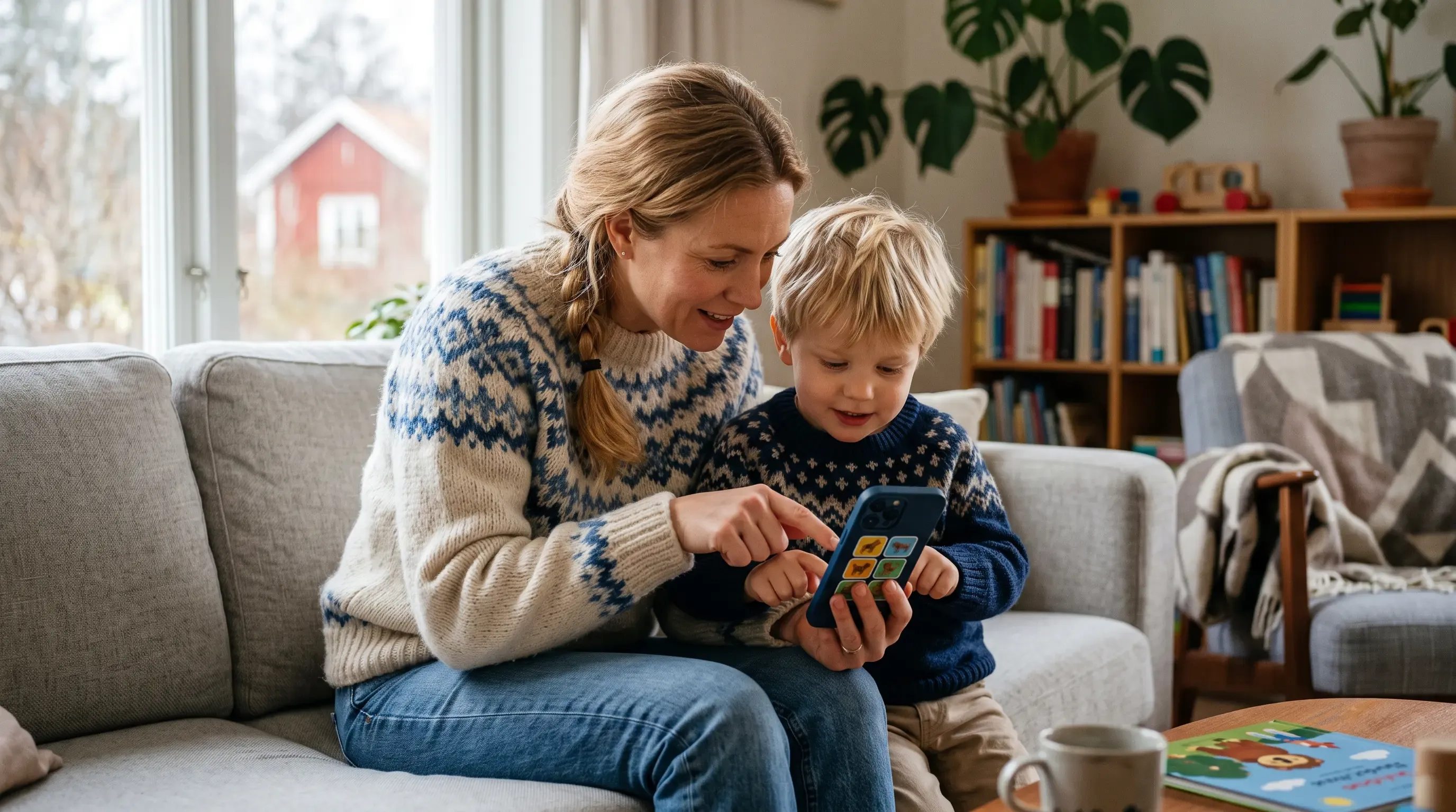 A Scandinavian mom teaches her young son to use a phone