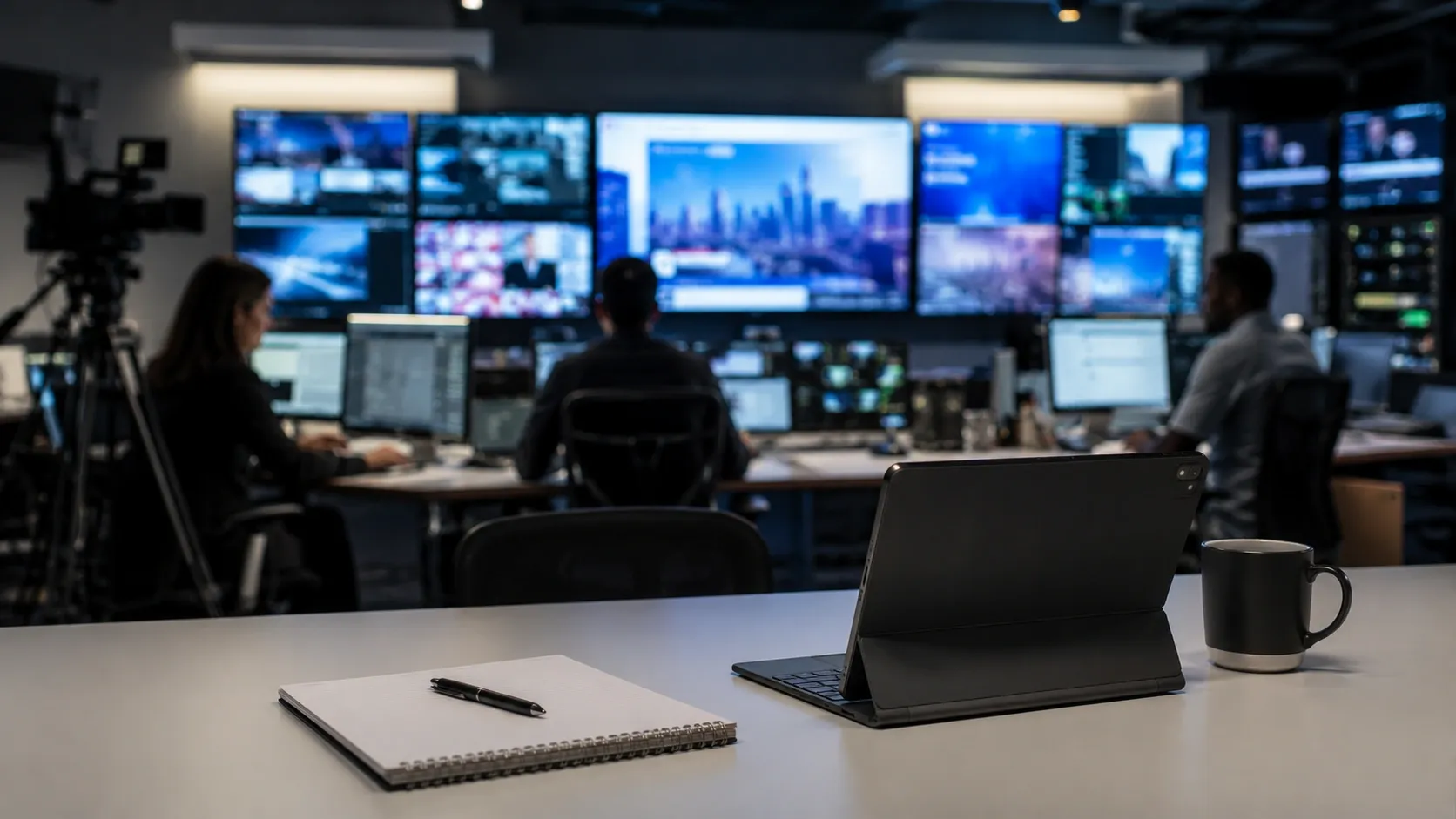 News room with journalists working and screens displaying various current events
