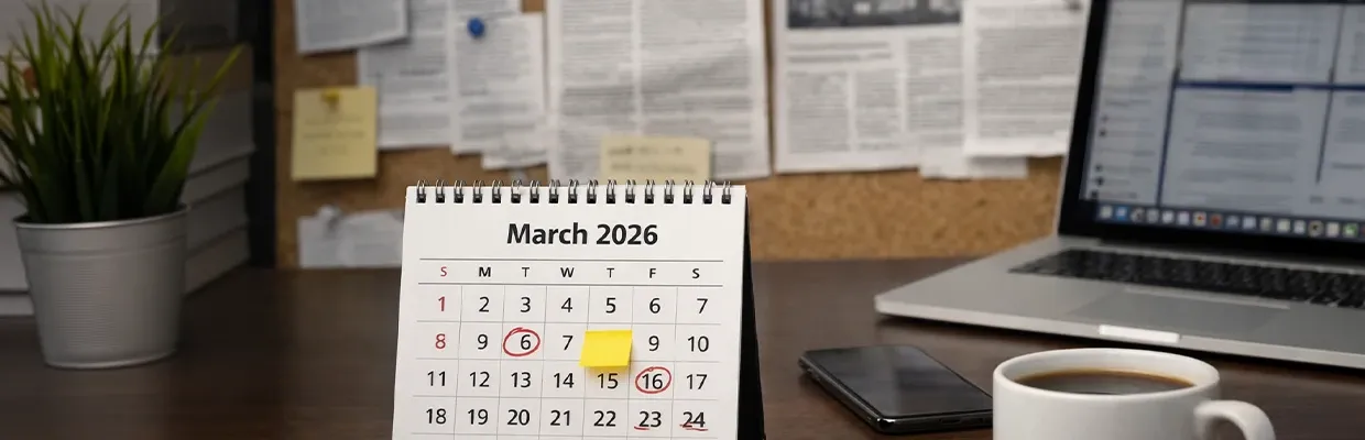 A calendar showing March 2026 with a laptop displaying news nearby and a board with news pages pinned behind