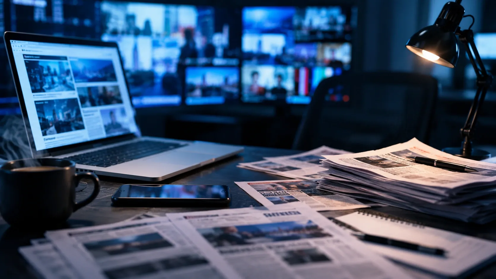 Editor's table at the news station with a bunch of papers and a laptop on it, while the screens in the background play various news videos