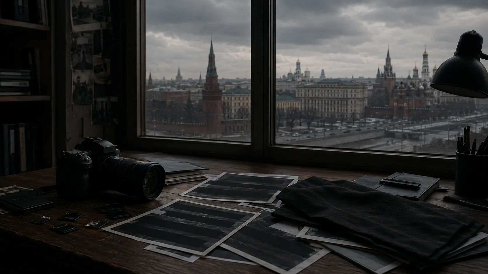 A camera and redacted documents lay on the table with a view of Moscow seen through the window