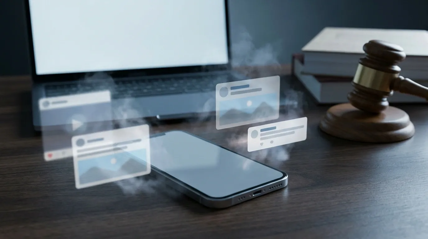 A smartphone lays on a table while social media posts hovering above it are evaporating due to being taken down