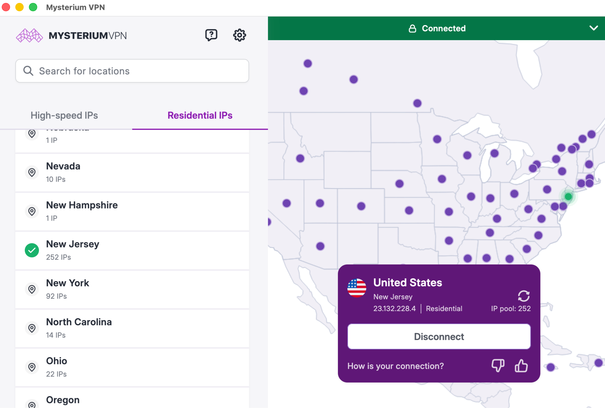 A screenshot of the Mysterium VPN app while connected to a server