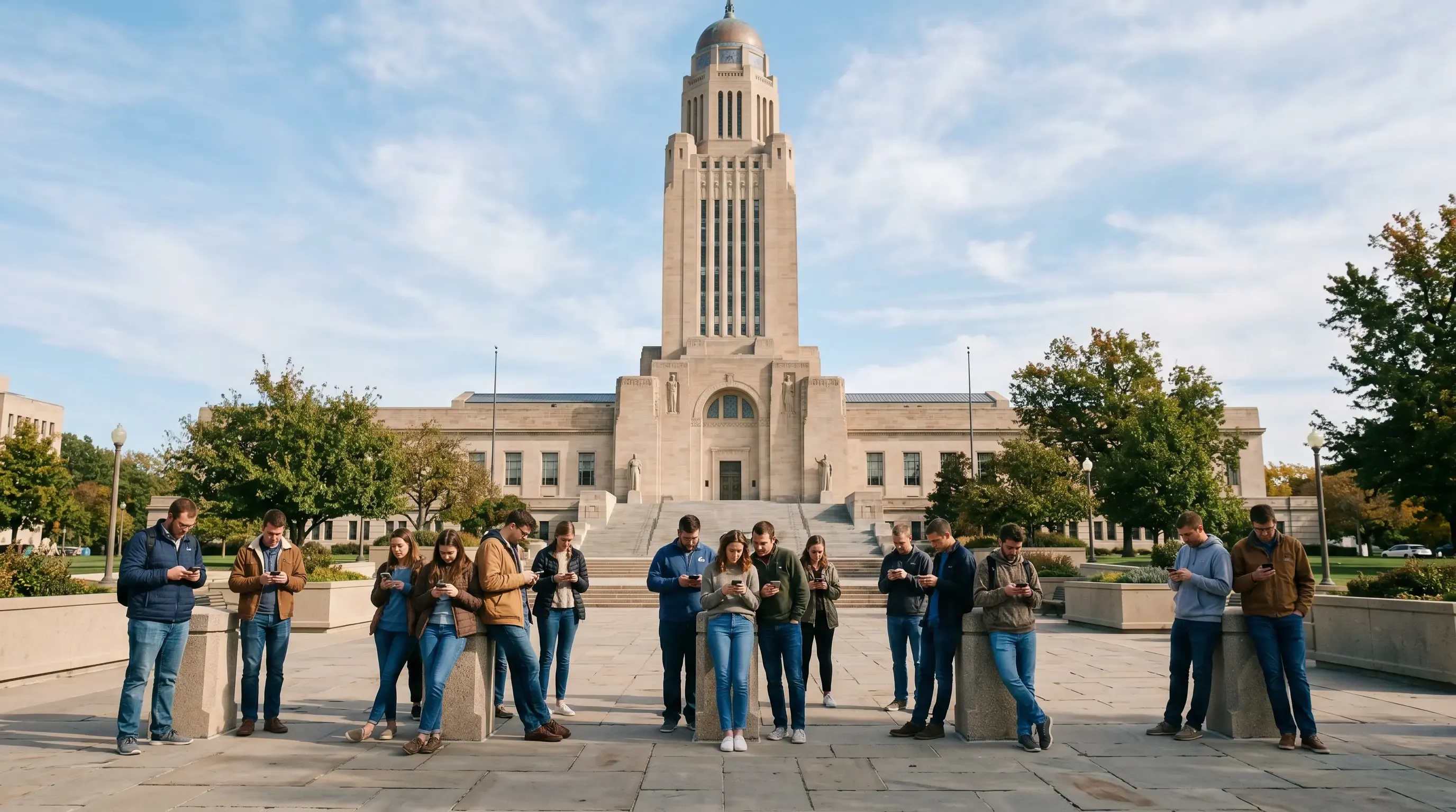 An image of a group of people standing outside the Nebraska Capitol building