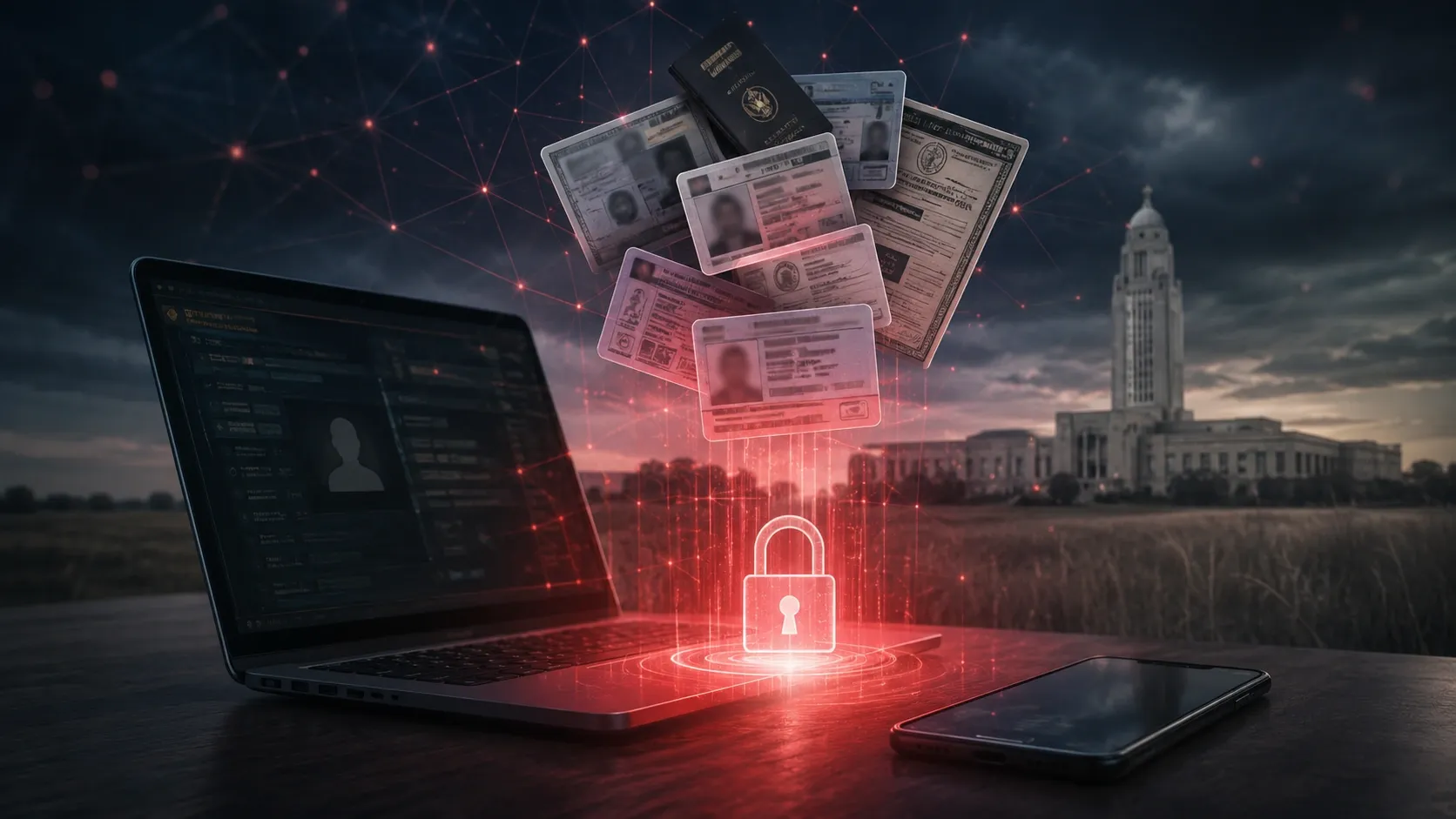 A laptop with government IDs and other documents above it is standing on the table with Nebraska in the background