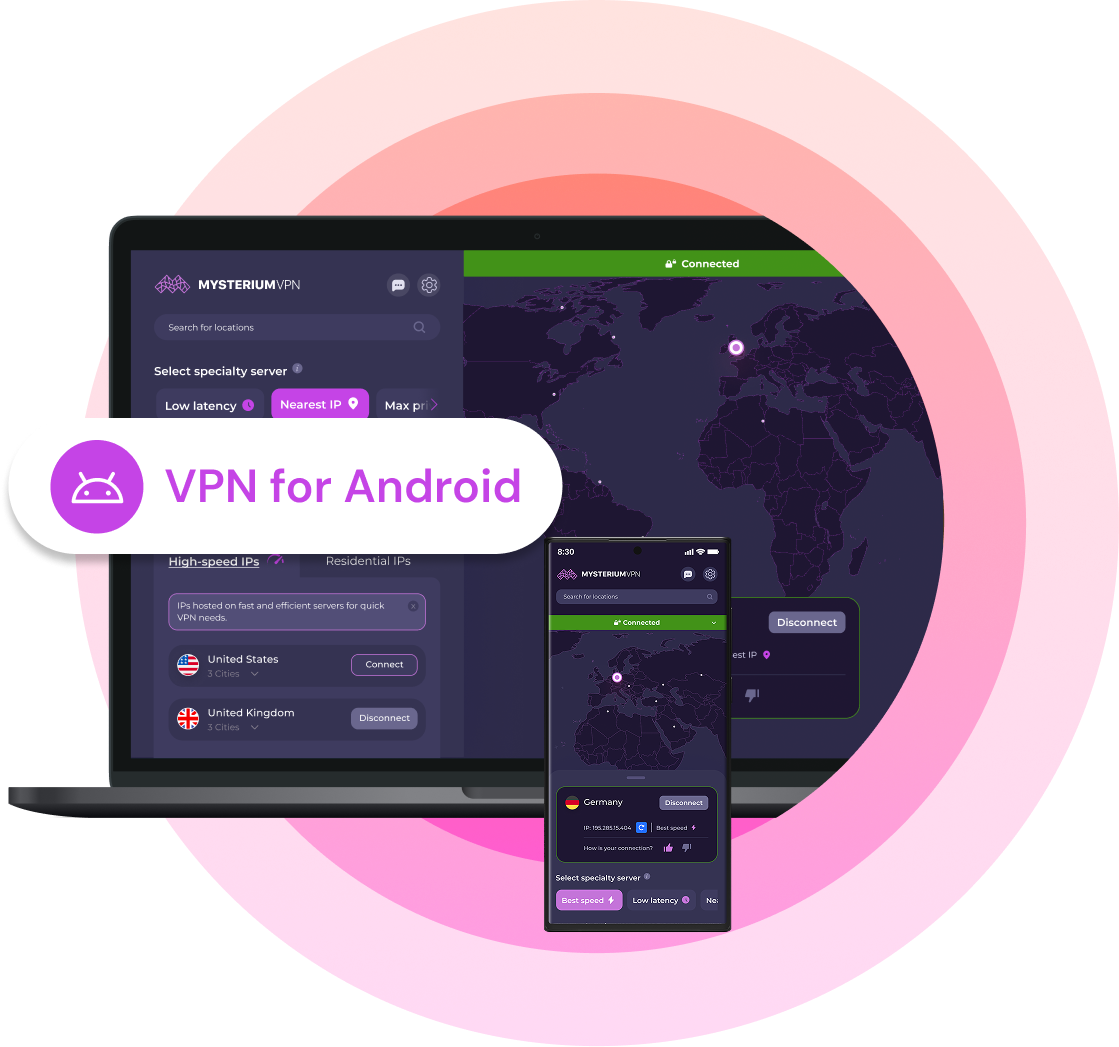 An image of an Android phone and a laptop with a Mysterium VPN app loaded on it