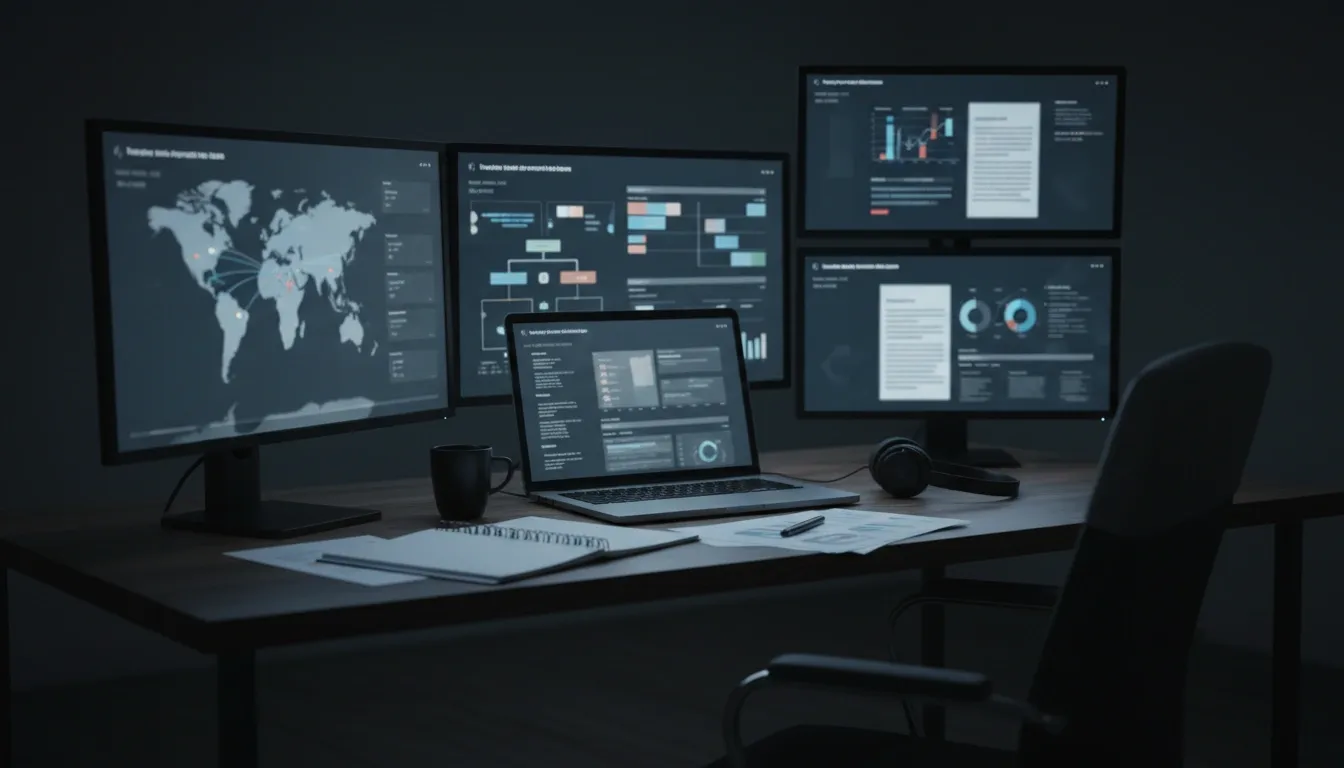 A table with multiple monitors displaying news statistics
