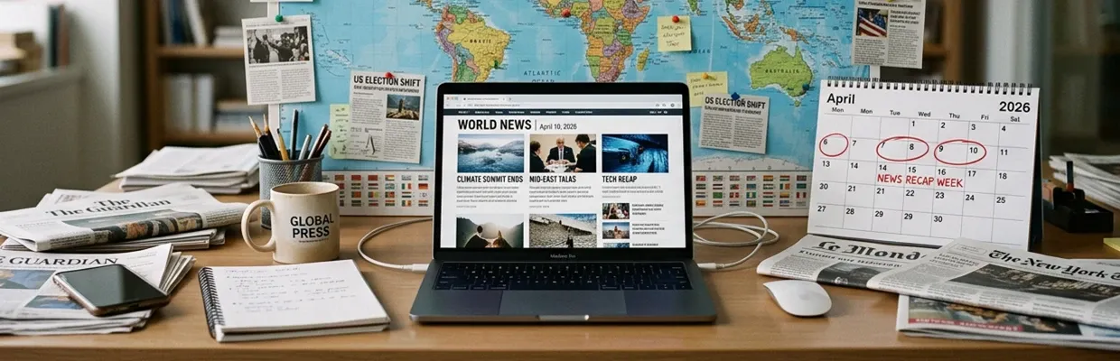 Laptop with a news page open on its browser is standing on a table near newspapers, notebooks and a world map behind it