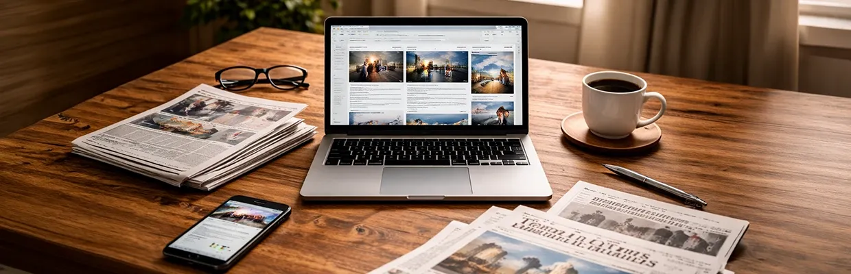 Laptop with a news page open up and a bunch of newspapers lying around