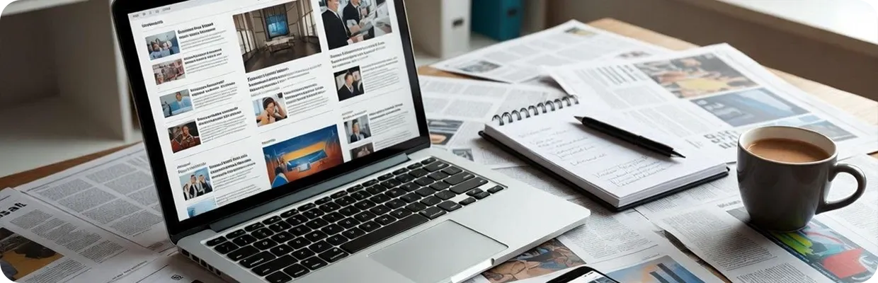 Laptop with a news site open an a bunch of notebooks nearby