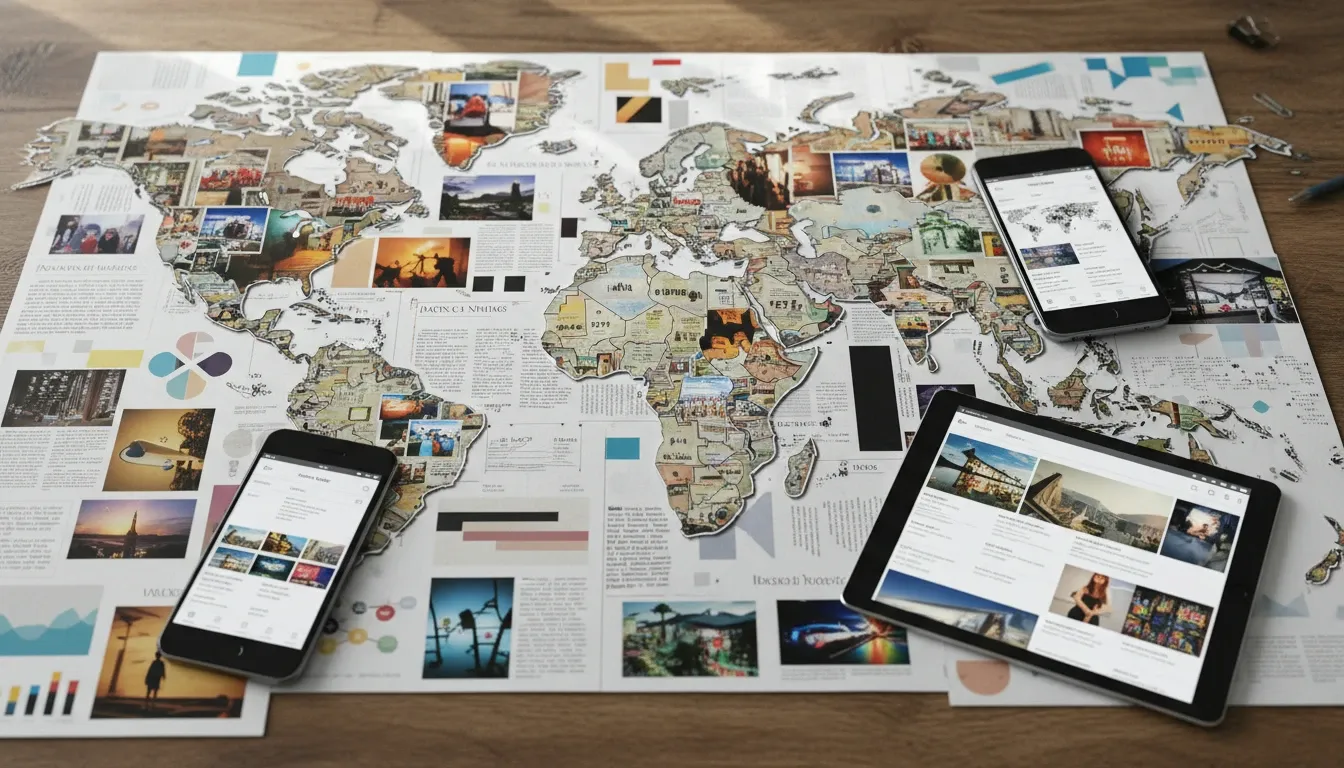 A big piece of paper with a world map and news stories attached to relevant places with phones and tablets displaying articles laying nearby