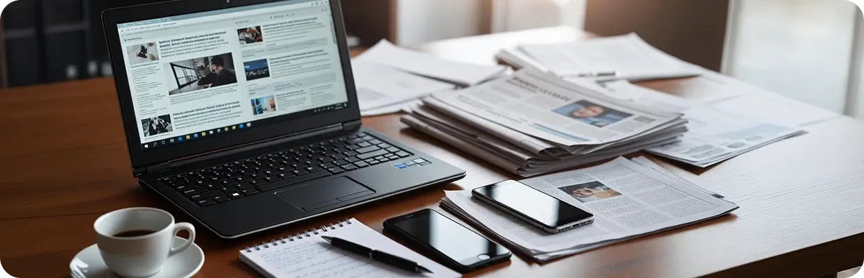 A table with a laptop, couple of smartphones, and a bunch of papers and notebooks, all showing news