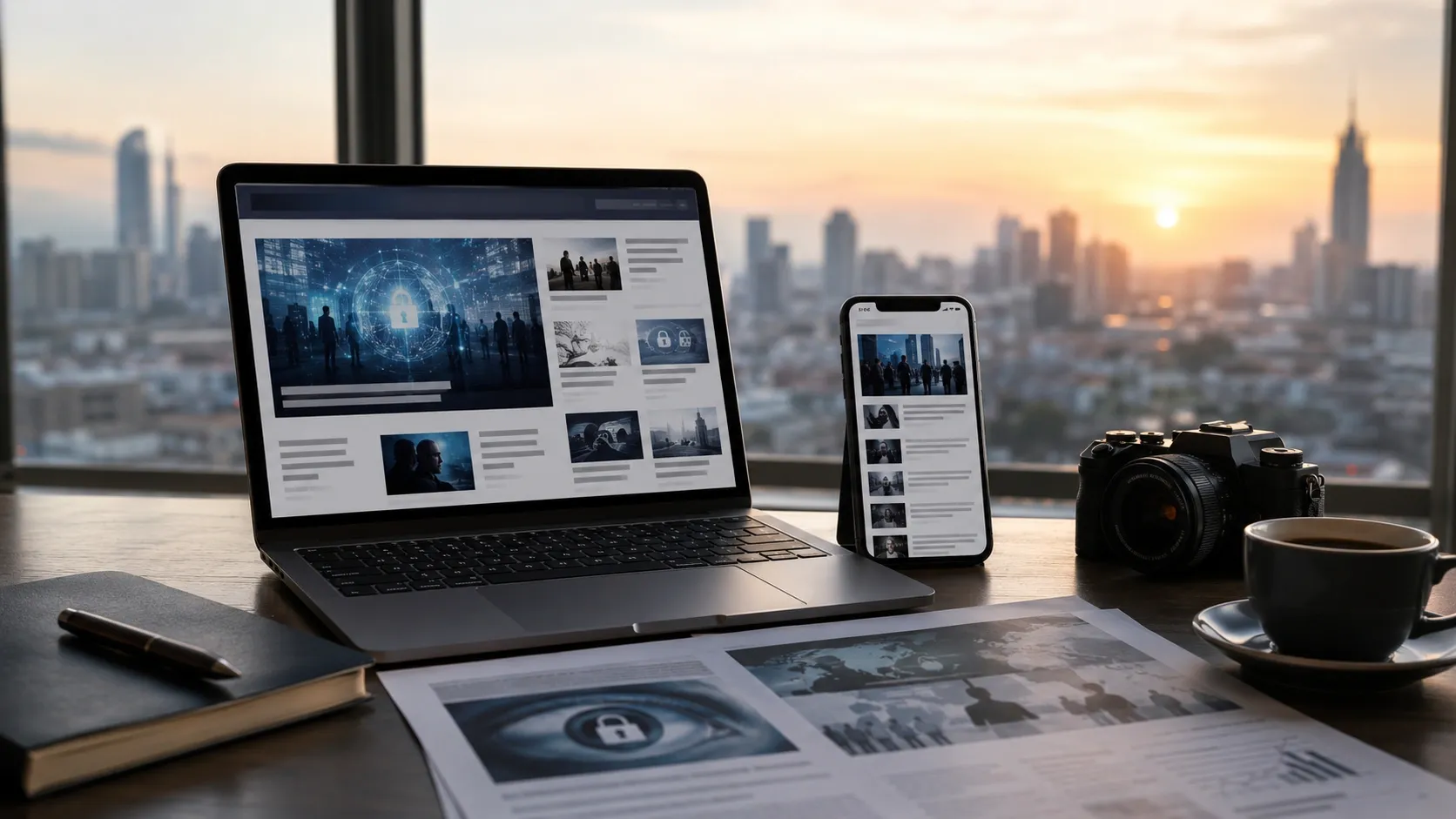 A laptop and a smartphone are standing on a table showing news blog with a newspaper laying next to them