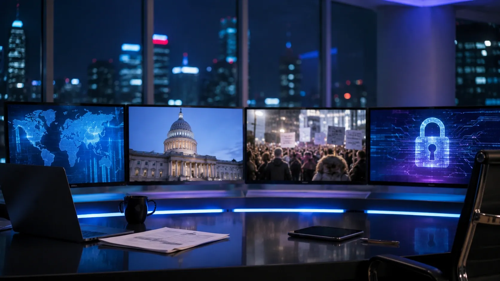 Four monitors on a table showing images of different news with papers lying on the table in front of them