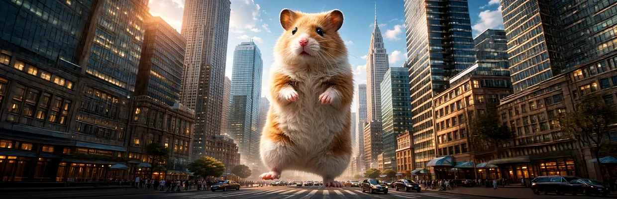 A giant AI-generated hamster depicted walking in the city streets