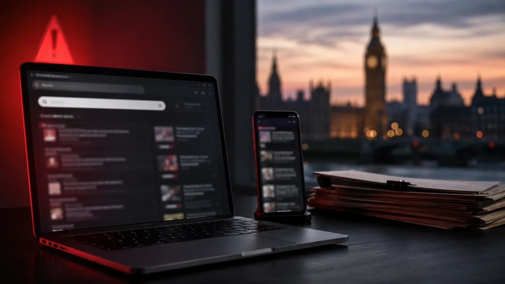 A laptop and a smartphone stand on a table showing dangerous websites presented by the search engine while London background can be seen through the window
