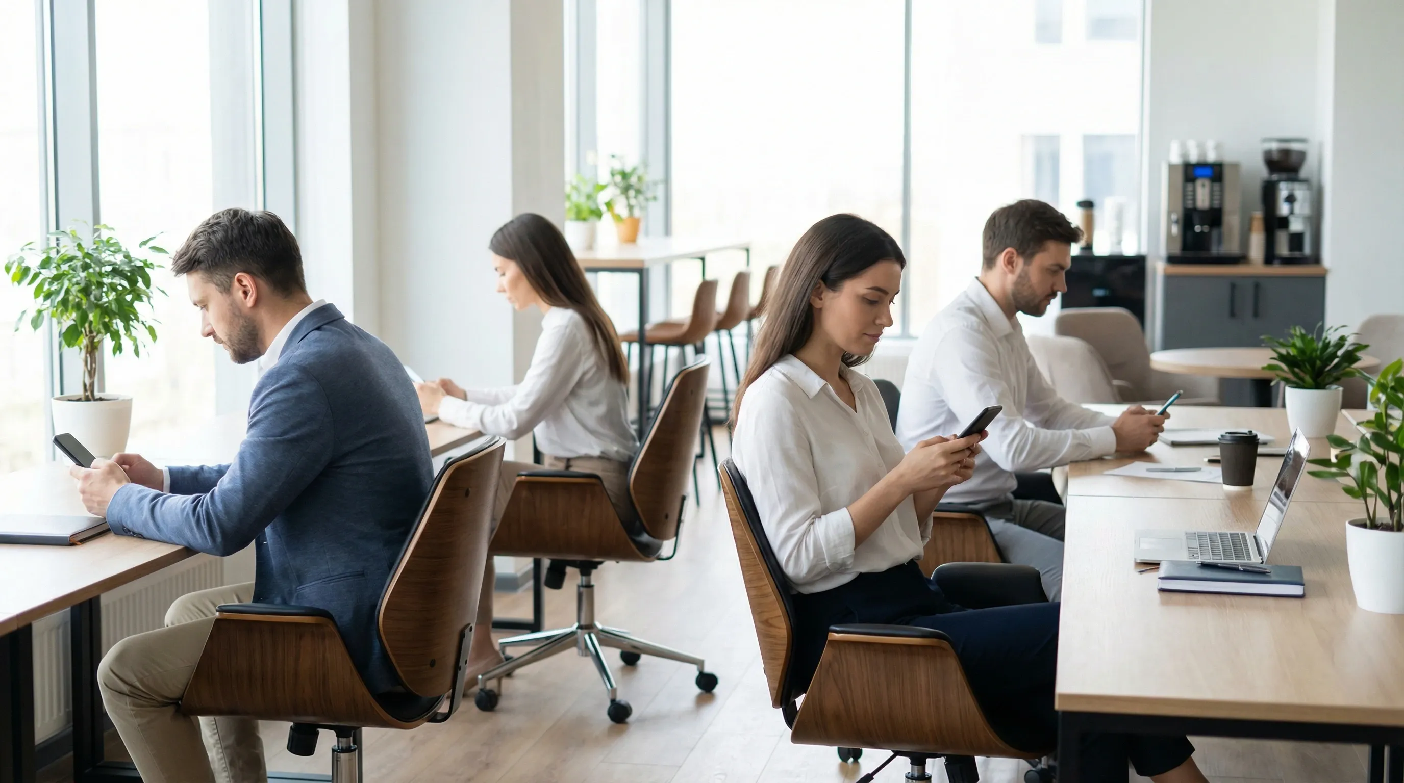 An image of an office space where employees are browsing on their phones