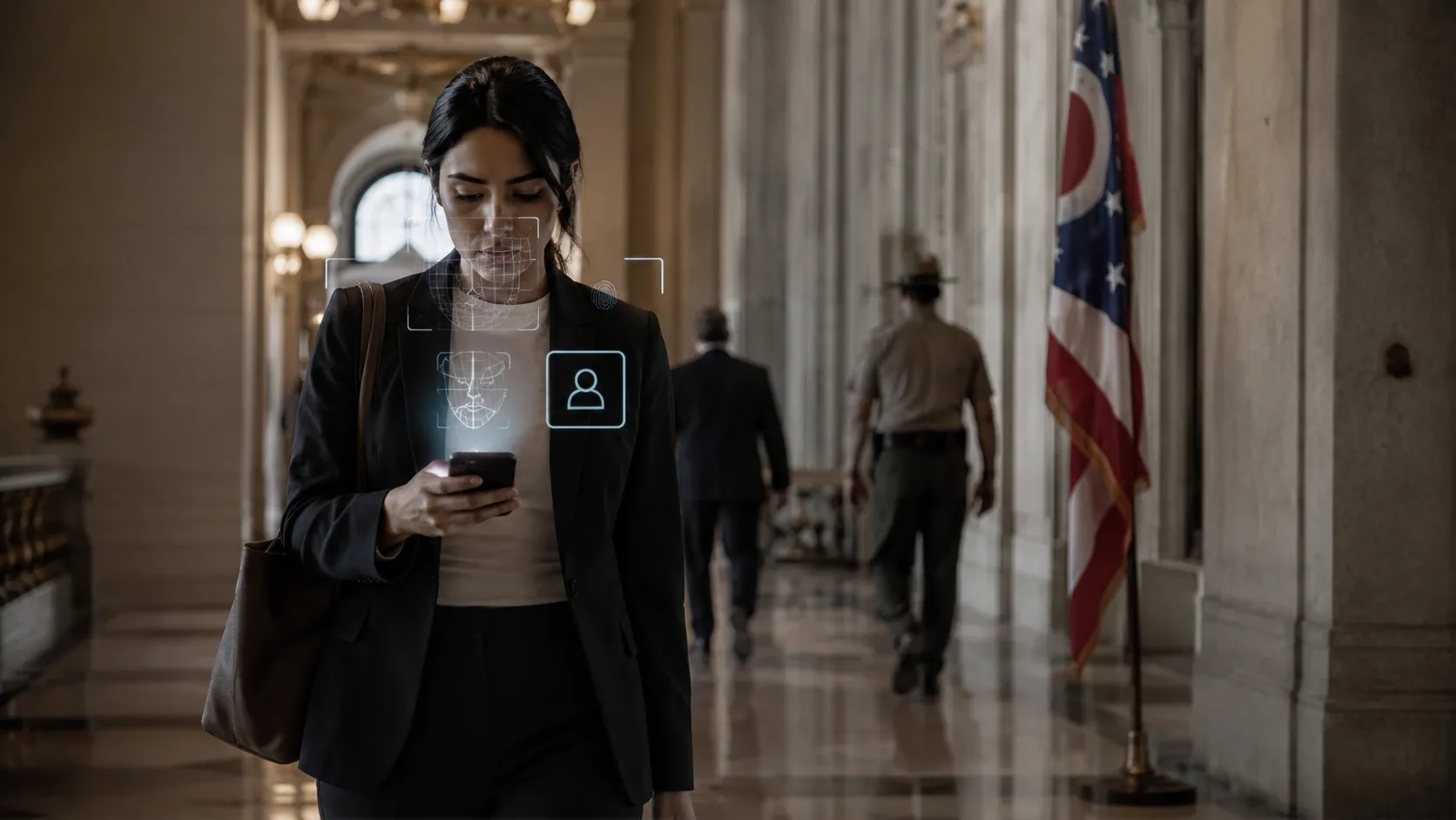 A woman walking in the court in Ohio is passing age verification to gain the full access to her phone