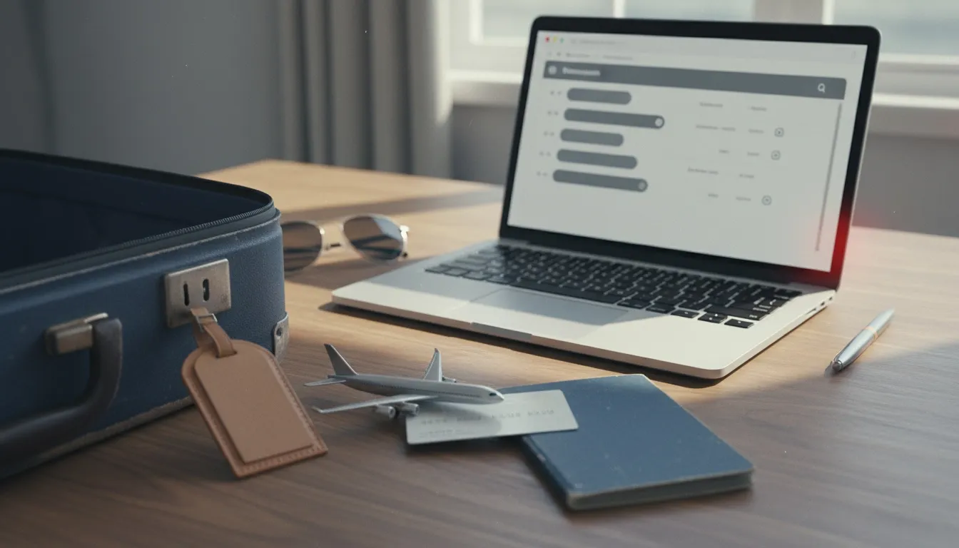 Laptop showing transaction data is standing on the table unprotected, while credit card, passport, briefcase, sunglasses, and model airplane lay nearby