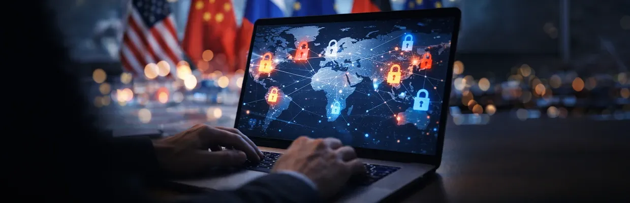 An image of a man using a laptop with a map of the world on it