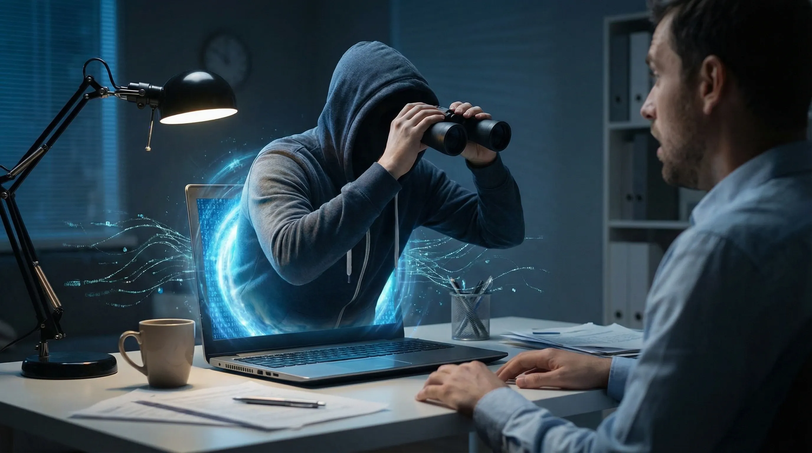 An image showing a faceless man with binoculars coming out of a laptop spying on its user