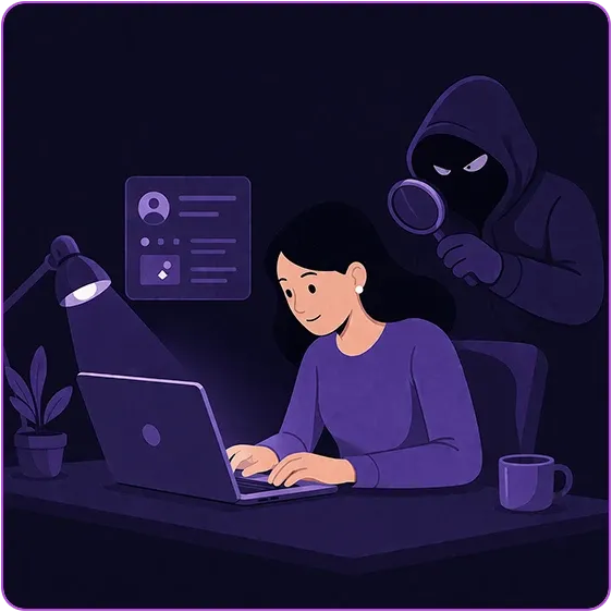 An illustration of a woman being monitored while she uses her laptop