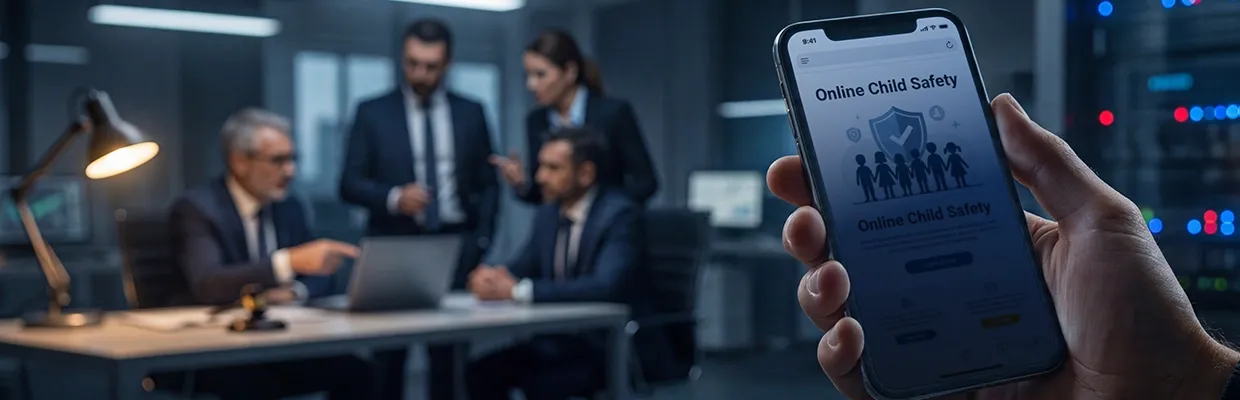 A person holds a phone with an article about child safety opened on it while AI creators discuss business in the background